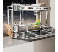Dish Drain Rack, Double Layer 304 Stainless Steel Kitchen Sink Dish Drainer with Hooks, Adjustable 67-97 cm