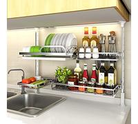 Dish Drain Rack With Hanging Basket Cutlery Dish Drain Rack，Dish Drying Rack Height Adjustable Over The Sink Dish Drying Rack, Hanging Dish Drainer Betweeen Cabinet and Countertop Sturdy Sta