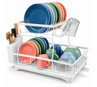 Relaxdays, 2-tier dish drainer, cutlery holder, white | for plates and cups, crockery racks
