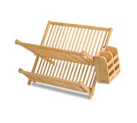 Dish Drainer Drying Rack Folding 2 Tier Drainer Dish Drying Rack with Cutlery Holder Utensils Holder Set Engineered Wood X-shape Round Slats Easily Foldable Compact and Space Saving Tidy Plates