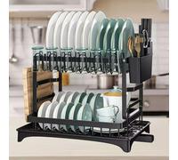 Dish Drainer Rack, 2-Tier Collapsible Dish Drying Rack Drainer Black Metal Draining Board and Basin for Kitchen, Multifunctional Large Capacity Washing-up Dish Drainer Rack with Cutlery Cup Holder
