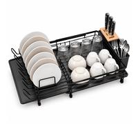 Relaxdays Dish Drainer, Cutlery Basket & Drip Tray, Black | Extendable kitchen dish drainer, plastic draining rack, metal