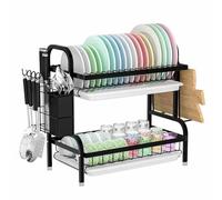 Dish Drainer Rack-Draining Board Rack with Drip Tray & Rotate Drainage Spout,Dish Rack for Kitchen Counter,Dish Drying with Cups, Utensil & Cutting,2-Tier (B)