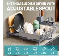 Dish Drainer Rack, Expandable Dish Drying Rack, Kitchen Dish Rack with Rotatable Spout, Utensil, Cup, Glass