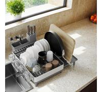 Dish Drainer Rack, Expandable Dish Drying Rack, Stainless Steel Kitchen Dish Rack with Rotatable Spout, Utensil, Cup, Glass, Cutting Board