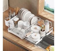 Dish Drainer Rack, Expandable Dish Drying Rack with Cutlery Holder and Swivel Drainage Spout, Rustproof Dish Rack for Kitchen Counter and Sink (White)
