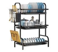 Dish Drainer Rack, Modern Design Drip Tray Plate, Cutlery, Pots Drying Rack for Kitchen Removable Wooden Handle Dish Drying Rack Cutlery Holder Countertop Easy Assemble (3 Tier Dish Drying Rack Black)