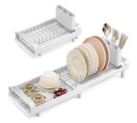 Dish Drainer Rack, Small Dish Drainer, Expandable Dish Rack With Removable Cutlery Holder, Anti Rust Small Drying Rack for Sink, Compact Draining Board Rack For Kitchen Counter, White