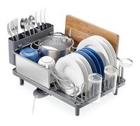 Dish Drainer Rack, Stainless Steel Dish Rack, Draining Board Rack with Anti-Rust Frame, Optional 2 Direction Spout Sink Drain Board Design, Removable Large Utensil Holder for Kitchen, Grey
