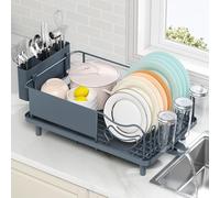 Dish Drainer Rack, Stainless Steel Dish Rack, Draining Board Rack with Anti-Rust Frame, Optional 2 Direction Spout Sink Drain Board Design, Removable Large Utensil Holder for Kitchen, Matte-Green