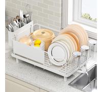 Dish Drainer Rack, Stainless Steel Dish Rack, Draining Board Rack with Anti-Rust Frame, Optional 2 Direction Spout Sink Drain Board Design, Removable Large Utensil Holder for Kitchen, Off-White