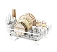 Dish Drainer Rack with Drip Tray - Stainless Steel Kitchen Drying Stand, 360° Swivel Drainage Spout, Utensil Holder, Removable Cutlery & Cup Rack, Metal Sink Organizer, Draining Board (White)