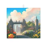 Dish Drying Mat for Kitchen Counter - Cute Outside the Castle Gate Print Absorbent Drainer Pad, for Tableware Bar 18x16 In