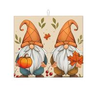 Dish Drying Mat for Kitchen Counter, Fall Gnomes Autumn Maple Leaves Pumpkin Harvest Farmhouse Super Absorbent Dish Rack Mats with Hanging Loop, 16 X 18 Inch