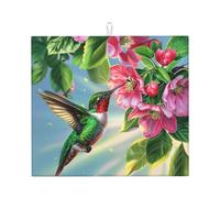 Dish Drying Mat for Kitchen Counter, Hummingbirds and Flowers Floral Plant Nature Super Absorbent Dish Rack Mats with Hanging Loop, 16 X 18 Inch
