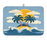 Dish Drying Mat for Kitchen Counter, Microfibre Drying Pad Cartoon Tropical Island Waves Coffee Mat 60x45cm