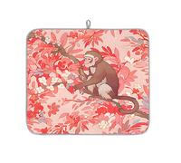 Dish Drying Mat for Kitchen Counter, Microfibre Drying Pad Chinoiserie Pink Leaves Monkey Coffee Mat 40x45cm