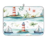 Dish Drying Mat for Kitchen Counter, Microfibre Drying Pad Nautical Ocean Lighthouse Sailboat Coffee Mat 60x45cm