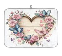 Dish Drying Mats, Lover's Day Heart Wooden Blue Butterfly Rose Large Kitchen Sink Mat, Super Absorbent Coffee Mat Kitchen Decor 24x18inch
