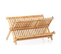 Dish Drying Rack, 2-Tier Bamboo Dish Rack, Portable Dish Drainer in Hollow Design, Foldable Dish Drying Rack, Kitchen Drainer Rack, Double Layer Drip Bowl Rack, Dish Drying Rack