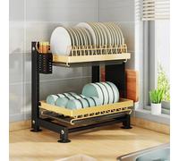 Dish drying rack - 2-tier drying rack with drip tray and drink holder, space-saving stand with large capacity for the kitchen worktop