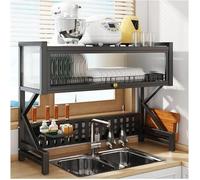 Dish Drying Rack, 2 Tier Over Sink Multifunctional Organizer with Hooks, Cabinet Door Storage Shelf, Expandable Design, 100x34.5x82cm