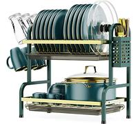 Dish Drying Rack,2 Tier Stainless Steel Dish Rack Drainboard Set,Utensil Holder, Cup Holder,Dish Drainer for Kitchen Counter,Space-Saving (Green Gold)