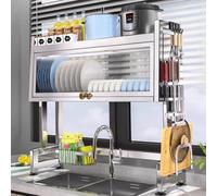 Dish Drying Rack 2 Tier with Cover Over The Sink,304 Stainless Steel Large Dish Drainer Drying Rack Multiple Storage,Space-Saving Organizers Rack,Up/Down Flip Door,for Dishes,Bowls ( 105cm/41.3in)