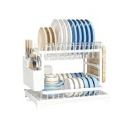 Dish Drying Rack - 42×29×29 Cm Carbon Steel & PP, 2 Tier Organizer, Drainboard | Utensil Holder Tray, Space Saving Kitchen Counter Stand For Plates, Cups, Bowls & Cutlery