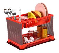 Dish Drying Rack Cup Drainer Plastic 2-Tier Strainer Holder Tray for Kitchen | Holder/Dish Drying Organizer/Cup Holder and Dish Drainer for Kitchen Counter | Red & Grey