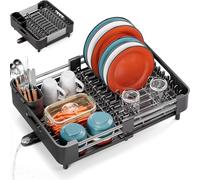 Dish Drying Rack for Kitchen Counter, Extendable Dish Rack with Drainboard, Expandable Dish Drainer, Collapsible Dish Strainer with Cutlery Holder, Foldable Home Countertop Plate Storage Rack, Black