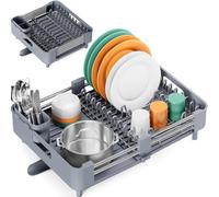 Dish Drying Rack for Kitchen Counter, Extendable Dish Rack with Drainboard, Expandable Dish Drainer, Collapsible Dish Strainer with Cutlery Holder, Foldable Home Countertop Plate Storage Rack, Gray