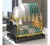 Dish Drying Rack Gold, Multifunctional Dish Racks for Kitchen Counter with Drainboard 2 Tier Dish Drainer Large Capacity for Knifes/Cup/Cutting Board