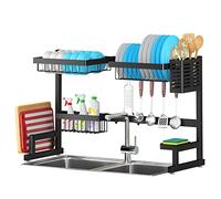 Dish Drying Rack Over Sink, Adjustable Drainer Shelf for Kitchen Supplies Storage Counter Organizer Utensils Holder Stainless Steel Display- Kitchen Space Save Must Have (Black, 25≤Sink Size≤37inch)