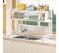 Dish Drying Rack, Three-Tier Adjustable Length 59-84 cm, Over-Sink Drain Rack with Complete Set