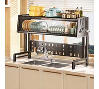Dish Drying Rack, Three-Tier Adjustable Length 59-84 cm, Over-Sink Drain Rack with Complete Set