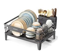 SONGMICS Dish Drainer Rack, 360° Rotatable Spout, 31 x 42 x 18.5 cm | Dish Drying Rack, Draining Board, Cutlery Holder, Extendable Spout, Grey, Patalla Collection KCS550GT01