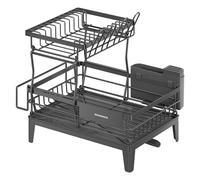 Dish drying rack with 360° rotatable and extendable spout, Black + Grey / 2-Tier