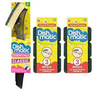 Dish Matic Refill Washing Up Sponges Soap Dispensing Magic Handle with 6 x Heavy Duty Green General-Purpose Washing-Up Sponge Refill Head for Kitchen Sink and Bathroom