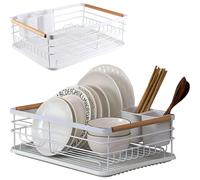 Dish rack drainer Anti-Rust White metal dish drainer rack with dip Tray Separate Cutlery Holder Wooden Handles Dish Drying Counter top Easy Clean