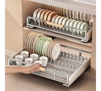 Dish Rack Pull Out, Heavy Duty Slide Out Dish Drying Rack Organizer, Stainless Steel Kitchen Cabinet Storage for Counters and Under Sink, Space-Saving Design
