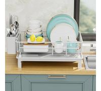 Dish rack with utensil storage and drainage system, designed with two tier layout, removable cutlery basket, and hooks for glass drying (black)