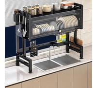 Dish Racks Large Capacity Dish Drainer Drying Rack 2 Tier，Strong Load Multifunctional Over The Sink Dish Rack， Kitchen Sink Organizer countertop with Cover(Black,65cm/25.5in)