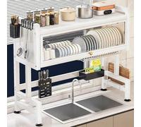 Dish Racks Large Capacity Dish Drainer Drying Rack 2 Tier，Strong Load Multifunctional Over The Sink Dish Rack， Kitchen Sink Organizer countertop with Cover(White,105cm/41.3in)