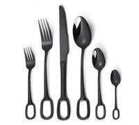 Dish Set,Silverware Flatware,1Set 6 Pieces Creative Tableware 304 Stainless Steel Spoon Ring Hotel Home Steak Knife and Fork Hanging Hole Tea(Black)