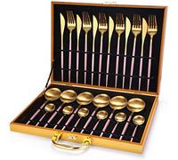 Dish Set,Silverware Flatware, 24-Piece Round Handle 304 Stainless Steel Cutlery Giftting Box Household, Forks and Spoons Gold(Pink Gold)