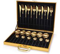 Dish Set,Silverware Flatware, 24-Piece Round Handle 304 Stainless Steel Cutlery Giftting Box Household, Forks and Spoons Gold(Black/Gold)