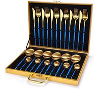 Dish Set,Silverware Flatware, 24-Piece Round Handle 304 Stainless Steel Cutlery Giftting Box Household, Forks and Spoons Gold(Blue Gold)