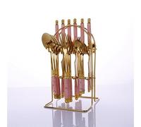 Dish Set,Silverware Flatware, 24-Piece Stainless Steel Cutlery with Ceramic Handles, Marble Crack Emerald Knife, Fork and Spoon with Stand(Pink)