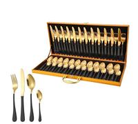 Dish Set,Silverware Flatware, 48-Piece Stainless Steel Cutlery in Wooden Box for 12 People for Hotel Home Steak Knife, Fork and Spoon(Black/Gold)